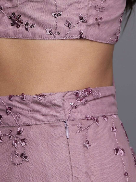 Mauve Net Embroidered SemiStitched Lehenga With Blouse and Dupatta and Belt - inddus-us