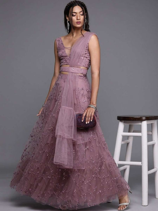 Mauve Net Embroidered SemiStitched Lehenga With Blouse and Dupatta and Belt - inddus-us