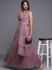 Mauve Net Embroidered SemiStitched Lehenga With Blouse and Dupatta and Belt - inddus-us