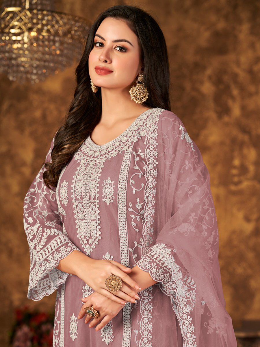 Mauve Net Partywear Palazzo Suit - Inddus.com
