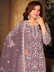 Mauve Net Partywear Palazzo Suit - Inddus.com