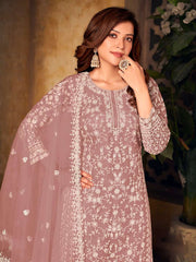 Mauve Net Partywear Palazzo Suit - Inddus.com