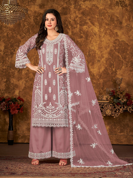 Mauve Net Partywear Palazzo Suit - Inddus.com