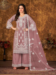 Mauve Net Partywear Palazzo Suit - Inddus.com