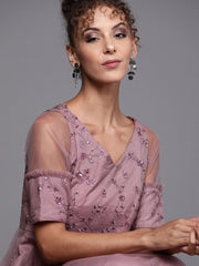 Mauve Net Sequinned Embroidered Gown - inddus-us