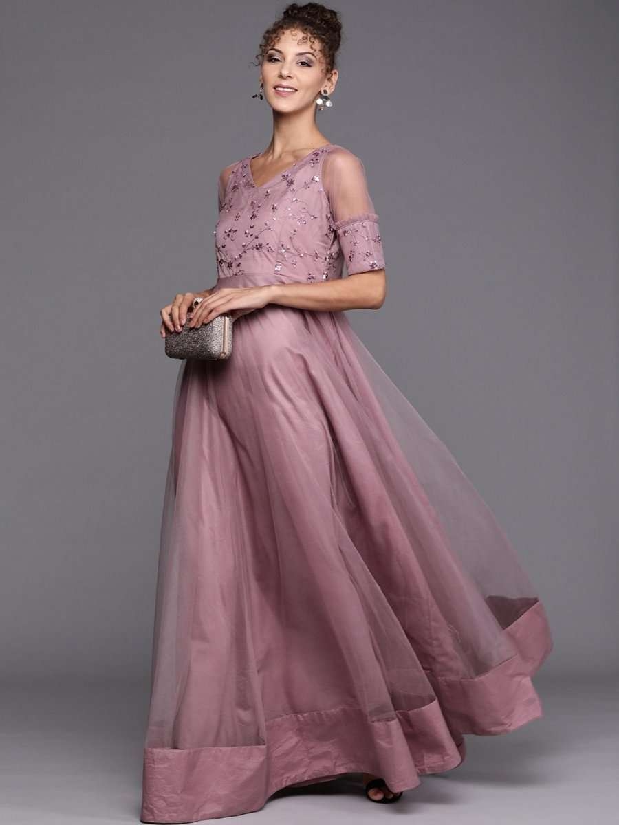 Mauve Net Sequinned Embroidered Gown - inddus-us
