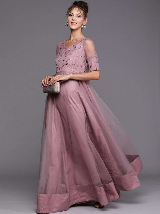 Mauve Net Sequinned Embroidered Gown - inddus-us
