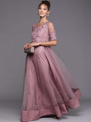 Mauve Net Sequinned Embroidered Gown - inddus-us