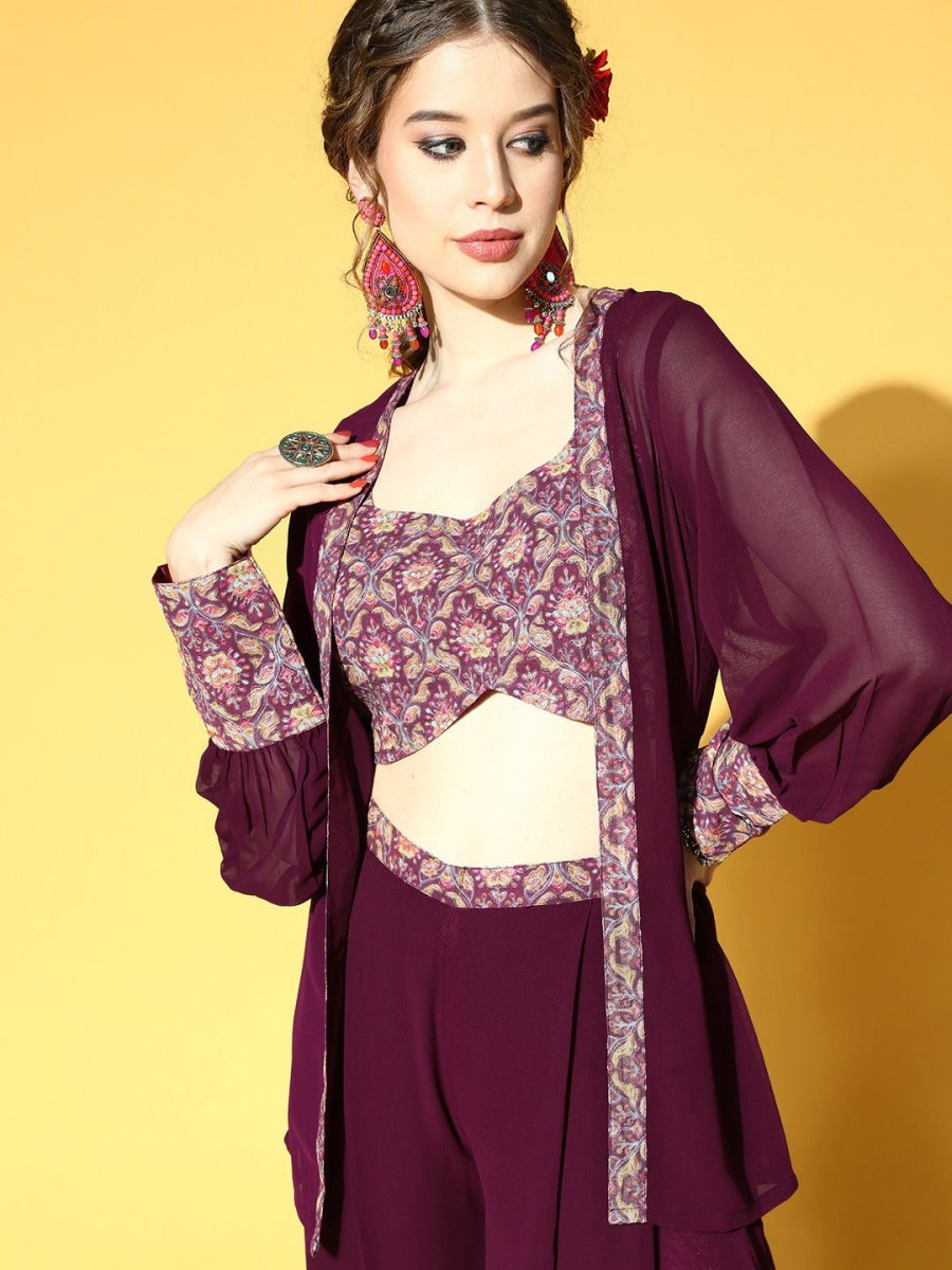 Mauve Self Design Embroidered Top & Solid Palazzo with Jacket - Inddus.com