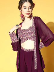 Mauve Self Design Embroidered Top & Solid Palazzo with Jacket - Inddus.com