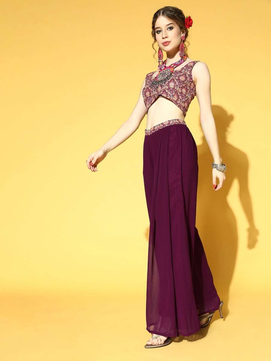 Mauve Self Design Embroidered Top & Solid Palazzo with Jacket - Inddus.com