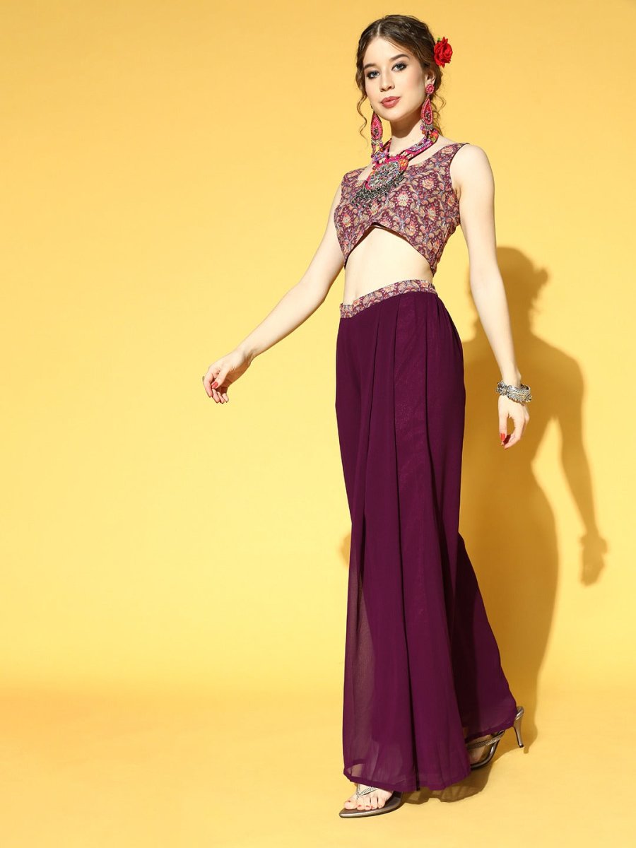 Mauve Self Design Embroidered Top & Solid Palazzo with Jacket - Inddus.com