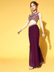 Mauve Self Design Embroidered Top & Solid Palazzo with Jacket - Inddus.com