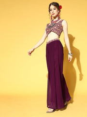 Mauve Self Design Embroidered Top & Solid Palazzo with Jacket - Inddus.com