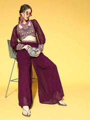 Mauve Self Design Embroidered Top & Solid Palazzo with Jacket - Inddus.com