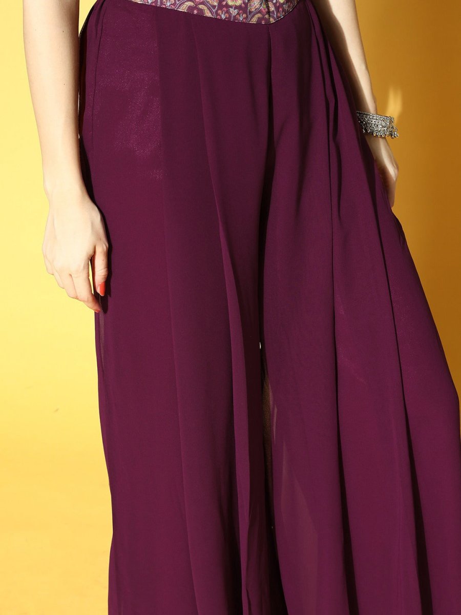 Mauve Self Design Embroidered Top & Solid Palazzo with Jacket - Inddus.com