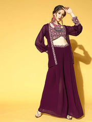 Mauve Self Design Embroidered Top & Solid Palazzo with Jacket - Inddus.com