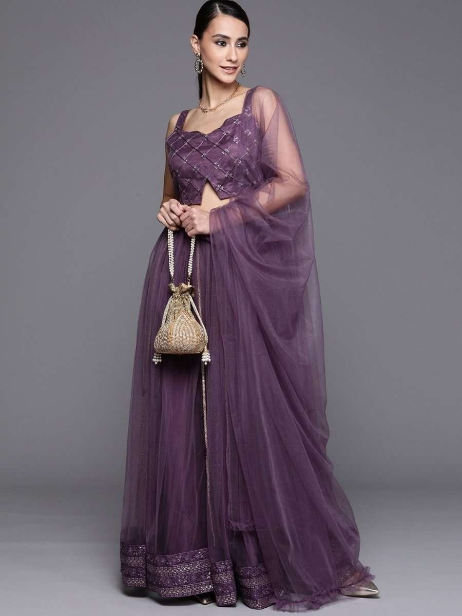 Mauve Sequinned Semistitched Lehenga with Sequin Blouse and Net Dupatta - inddus-us