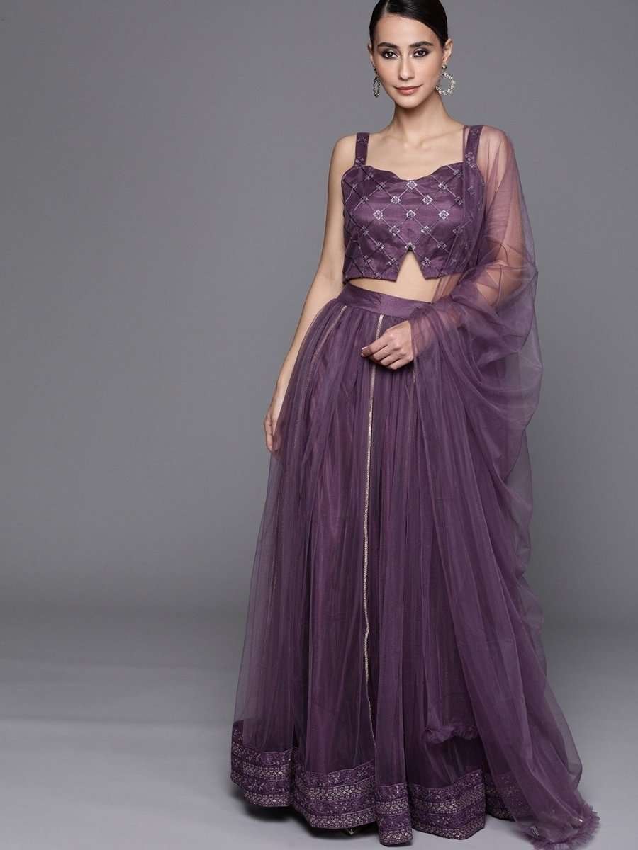 Mauve Sequinned Semistitched Lehenga with Sequin Blouse and Net Dupatta - inddus-us