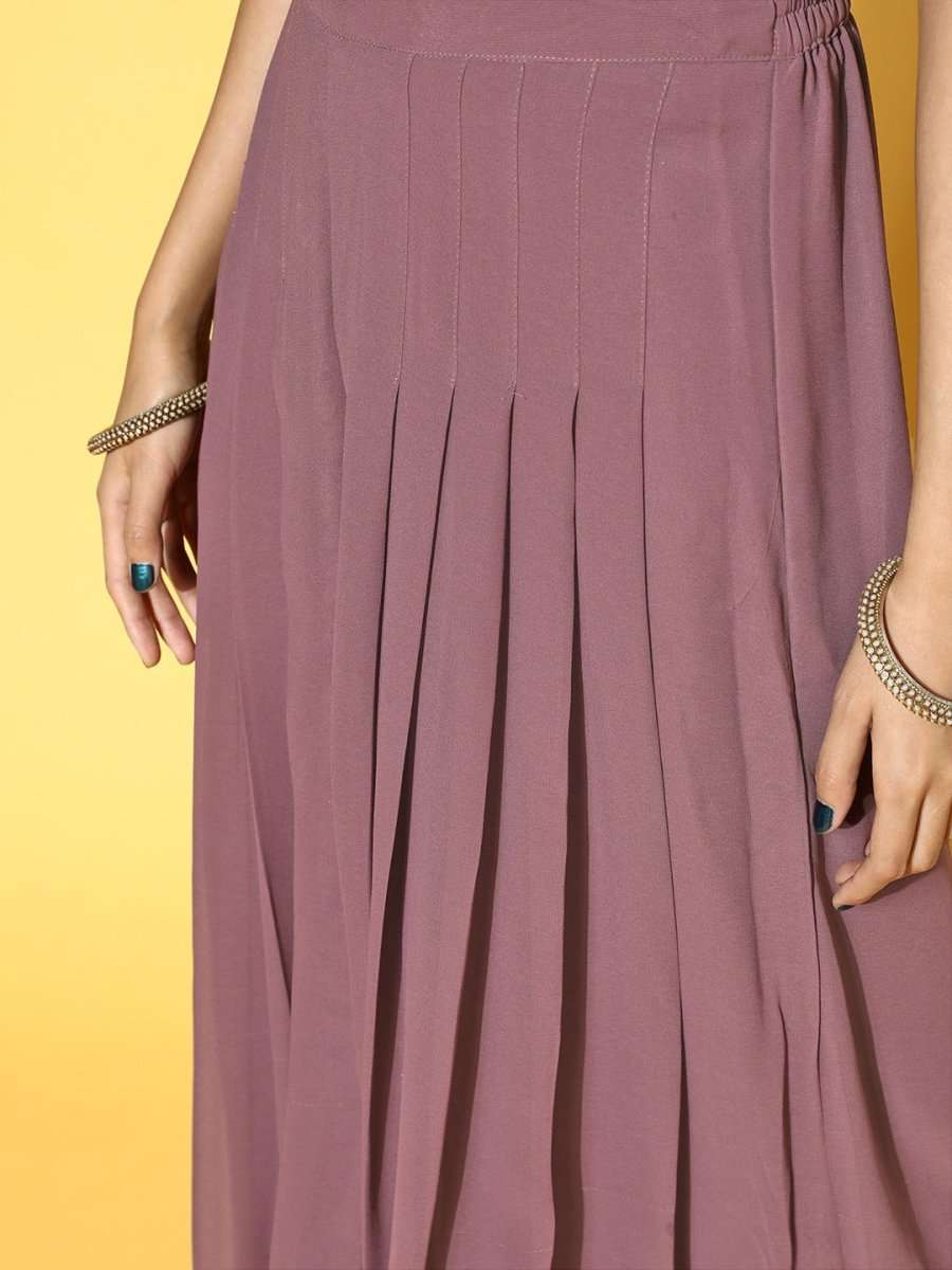 Mauve Solid Top & Palazzo with Sequinned Embroidered Jacket - Inddus.com