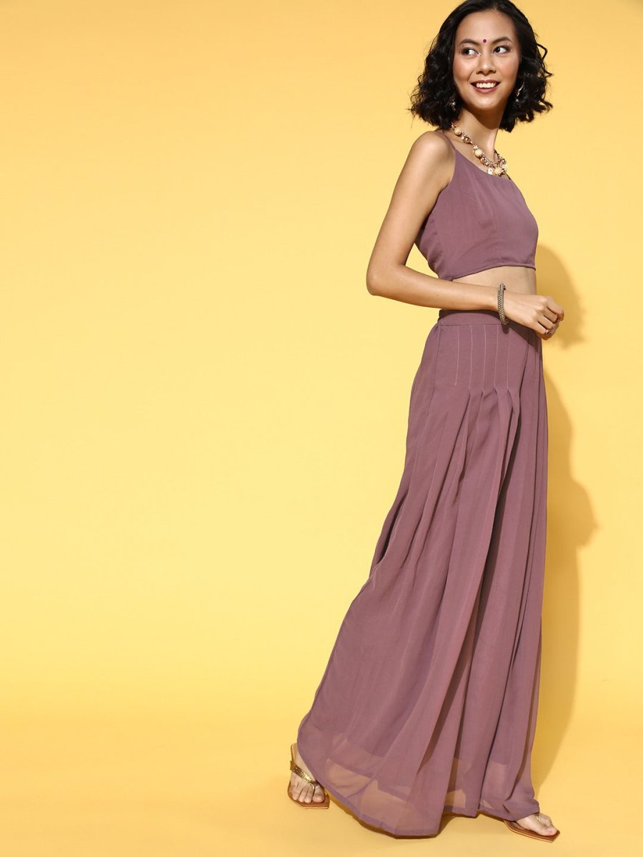 Mauve Solid Top & Palazzo with Sequinned Embroidered Jacket - Inddus.com