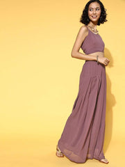 Mauve Solid Top & Palazzo with Sequinned Embroidered Jacket - Inddus.com