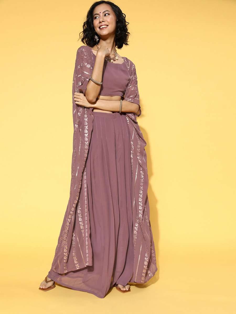 Mauve Solid Top & Palazzo with Sequinned Embroidered Jacket - Inddus.com