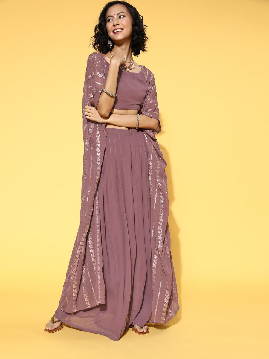 Mauve Solid Top & Palazzo with Sequinned Embroidered Jacket - Inddus.com