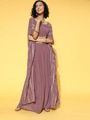 Mauve Solid Top & Palazzo with Sequinned Embroidered Jacket - Inddus.com