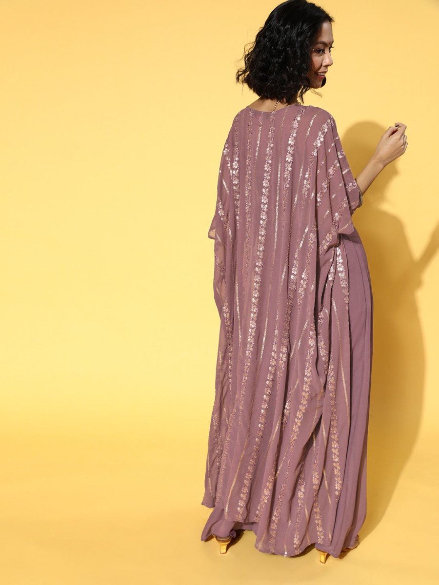 Mauve Solid Top & Palazzo with Sequinned Embroidered Jacket - Inddus.com