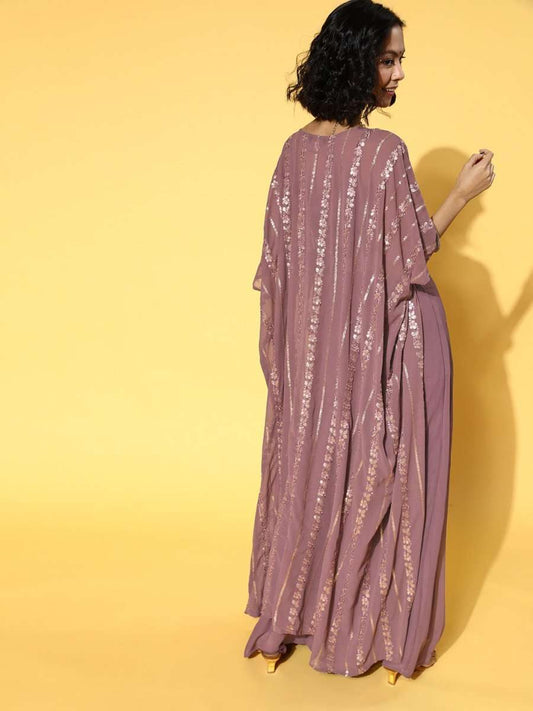 Mauve Solid Top & Palazzo with Sequinned Embroidered Jacket - Inddus.com