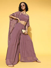 Mauve Solid Top & Palazzo with Sequinned Embroidered Jacket - Inddus.com