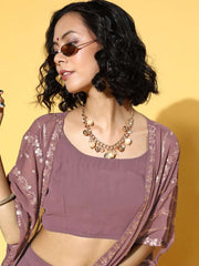 Mauve Solid Top & Palazzo with Sequinned Embroidered Jacket - Inddus.com
