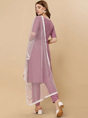 Mauve & White Floral Embroidered Regular Thread Work Kurta & Trousers With Dupatta - Inddus.com