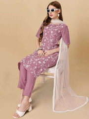 Mauve & White Floral Embroidered Regular Thread Work Kurta & Trousers With Dupatta - Inddus.com