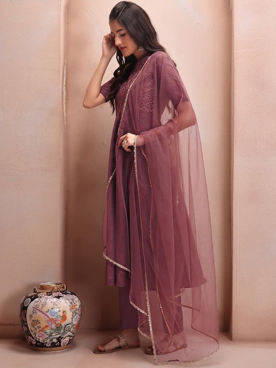 Mauve Woven Design Sequinned A-Line Kurta & Trousers With Dupatta - Inddus.com