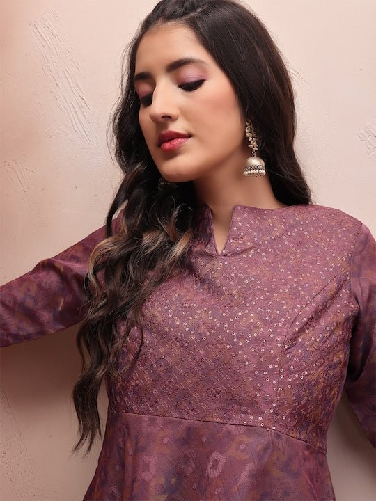 Mauve Woven Design Sequinned A-Line Kurta & Trousers With Dupatta - Inddus.com