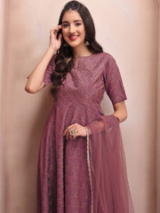 Mauve Woven Design Sequinned A-Line Kurta & Trousers With Dupatta - Inddus.com