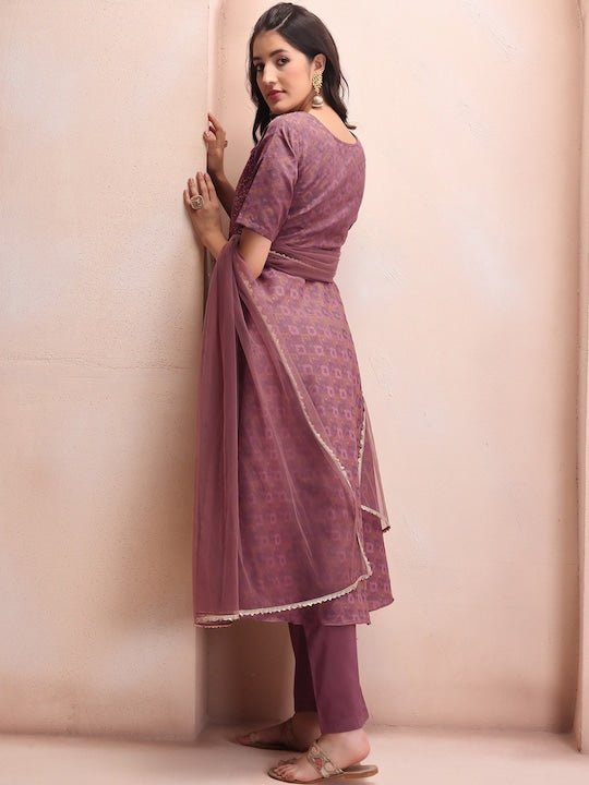 Mauve Woven Design Sequinned A-Line Kurta & Trousers With Dupatta - Inddus.com