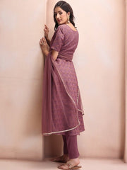Mauve Woven Design Sequinned A-Line Kurta & Trousers With Dupatta - Inddus.com