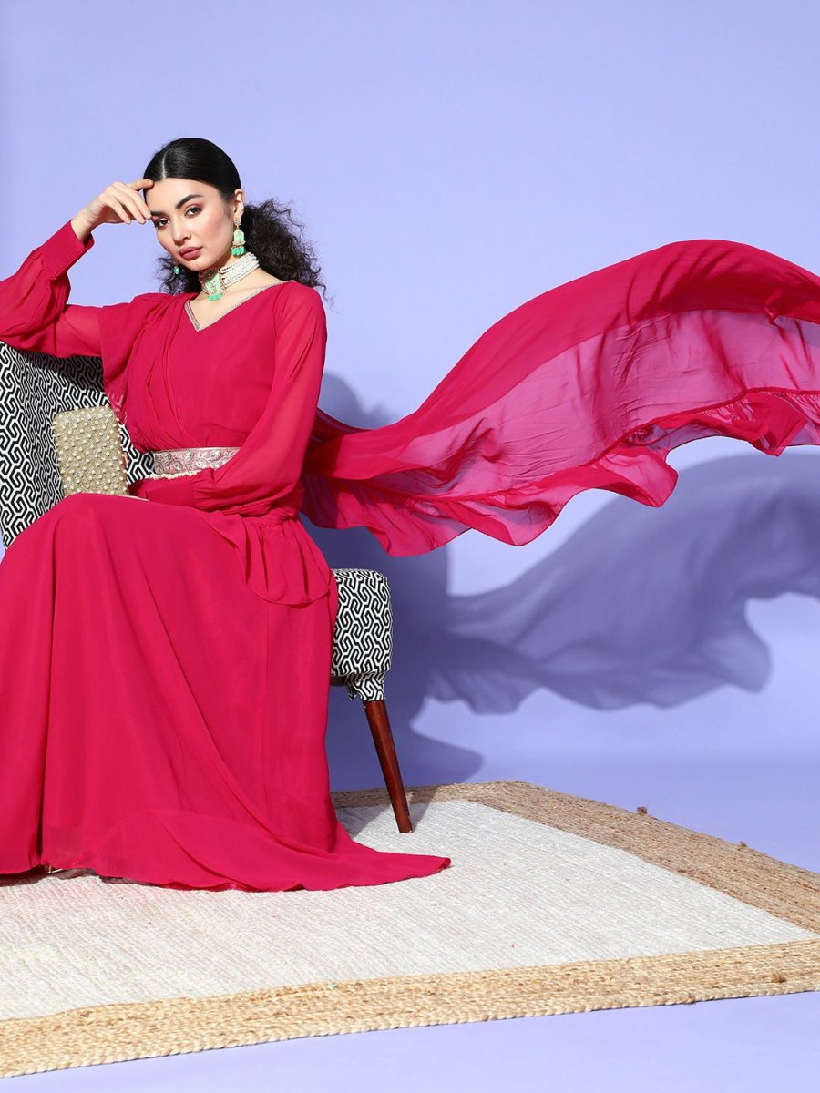 Megenta Pink Gown with Draped Ruffled Dupatta and Belt - Inddus.com