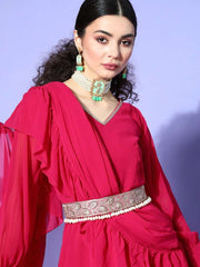 Megenta Pink Gown with Draped Ruffled Dupatta and Belt - Inddus.com