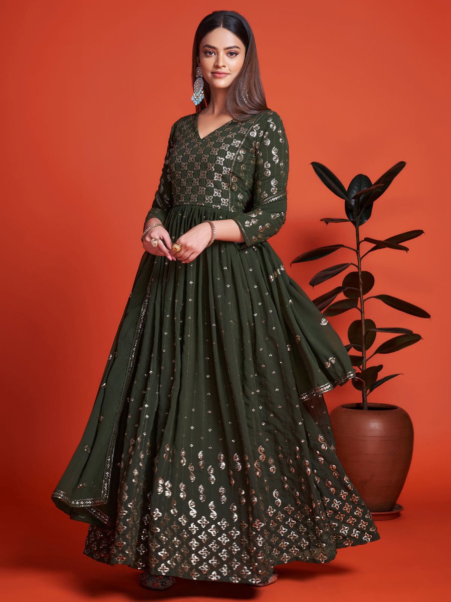 Mehndi Green Georgette Partywear Anarkali Style Suit - Inddus.com
