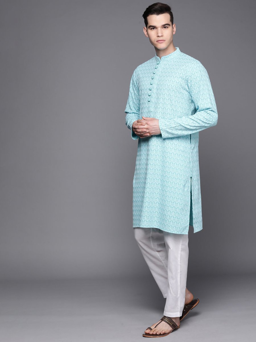Men Blue Ethnic Motifs Embroidered Chikankari Pure Cotton Kurta with Trousers - Inddus.com