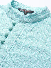 Men Blue Ethnic Motifs Embroidered Chikankari Pure Cotton Kurta with Trousers - Inddus.com