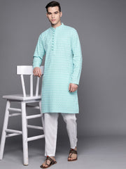 Men Blue Ethnic Motifs Embroidered Chikankari Pure Cotton Kurta with Trousers - Inddus.com