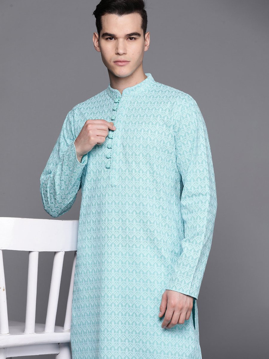 Men Blue Ethnic Motifs Embroidered Chikankari Pure Cotton Kurta with Trousers - Inddus.com