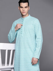 Men Blue Ethnic Motifs Embroidered Chikankari Pure Cotton Kurta with Trousers - Inddus.com
