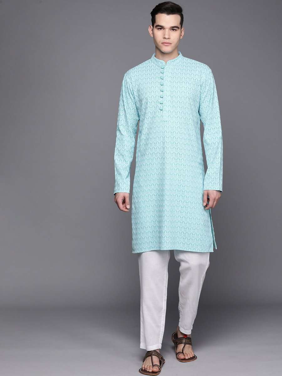Men Blue Ethnic Motifs Embroidered Chikankari Pure Cotton Kurta with Trousers - Inddus.com