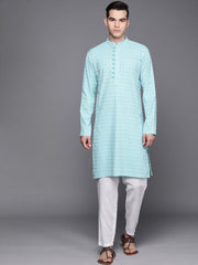 Men Blue Ethnic Motifs Embroidered Chikankari Pure Cotton Kurta with Trousers - Inddus.com